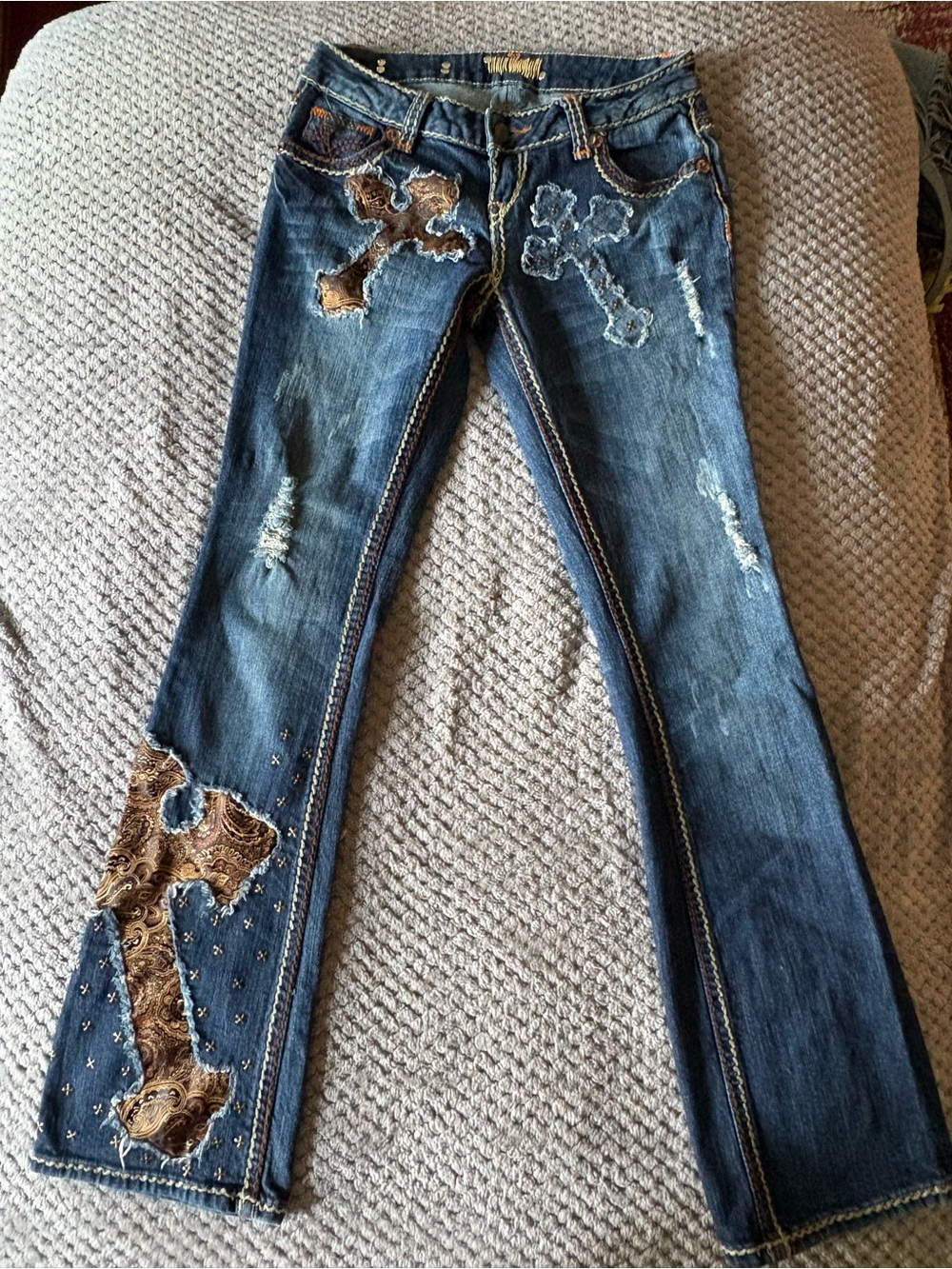 Lucchese Blue Distressed Bootcut Jeans with Brown Cross Appliqués